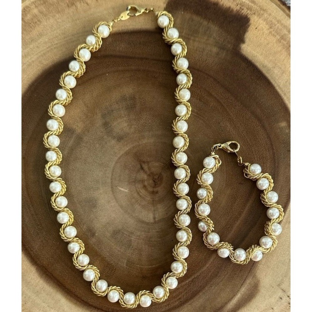 Vintage 80s 90s Gold Woven Caged Pearl Necklace & Bracelet Set Classic Bridal